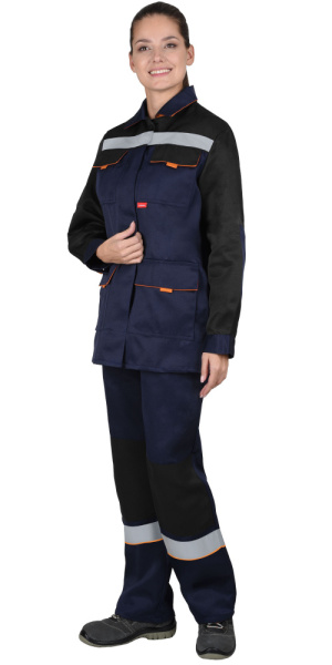 Костюм "УДАРНИЦА" женский, куртка, п/к, темно-синий с черным с оранжевой отделкой и СОП