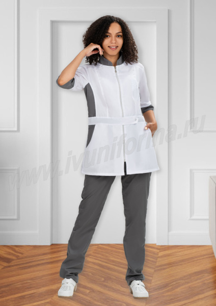 Костюм медицинский женский «Мелинда» белый с серым, куртка/брюки