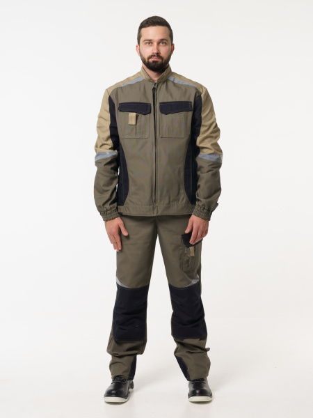 Полукомбинезон рабочий мужской №116 хаки, черный с бежевым, СОП, ткань Канвас