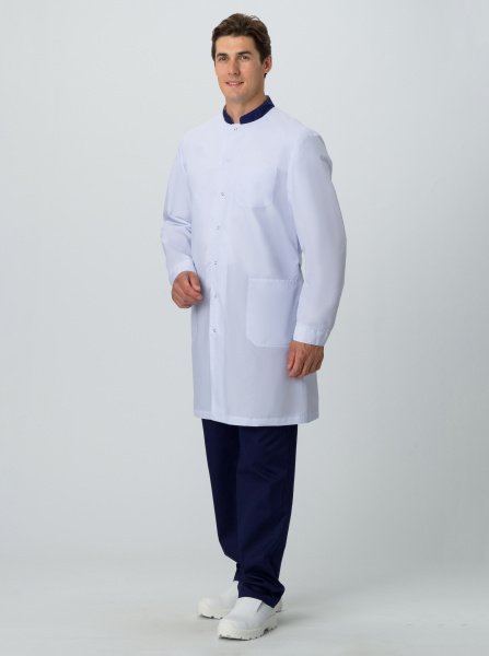 Халат мужской Симпл-001 (тк.Смесовая,120) MedLine, белый/т.синий